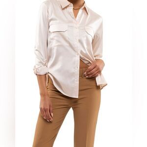 Nicole Miller Satin long sleeve Shirt with flap pockets on Chest SZ:Med Taupe